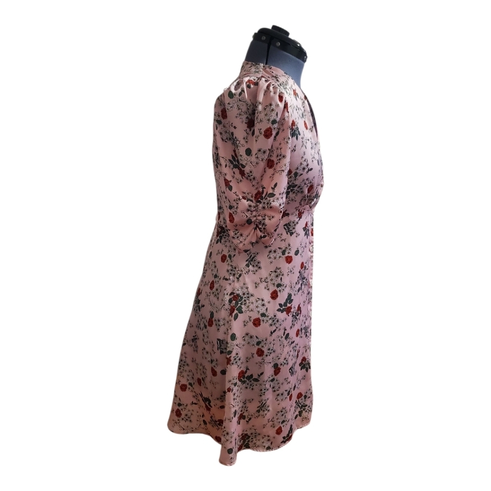 ZARA Mini Dress Pink Floral Print v-neck puff sleeve ruching XS Coquette Girl - Picture 3 of 8